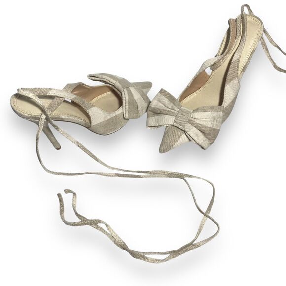 ASOS Women Linen Lace Up High Heels Shoes Size US 6 UK 4 Grayish Beige Bow Front - Picture 10 of 11